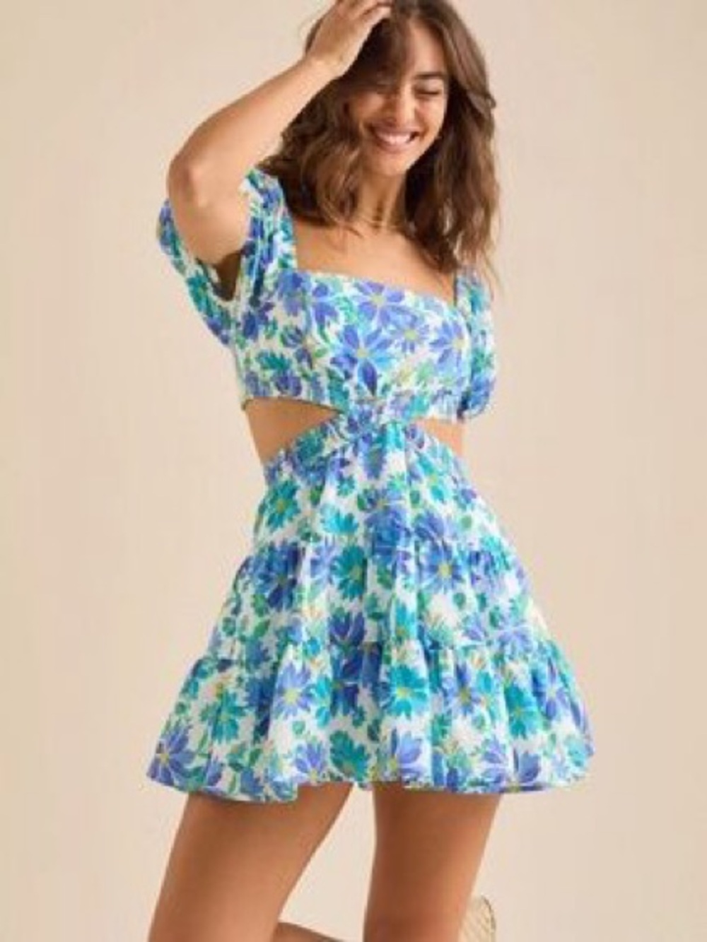 Altar’d Stare Savannah Floral Cutout Mini Dress in Blue & Green